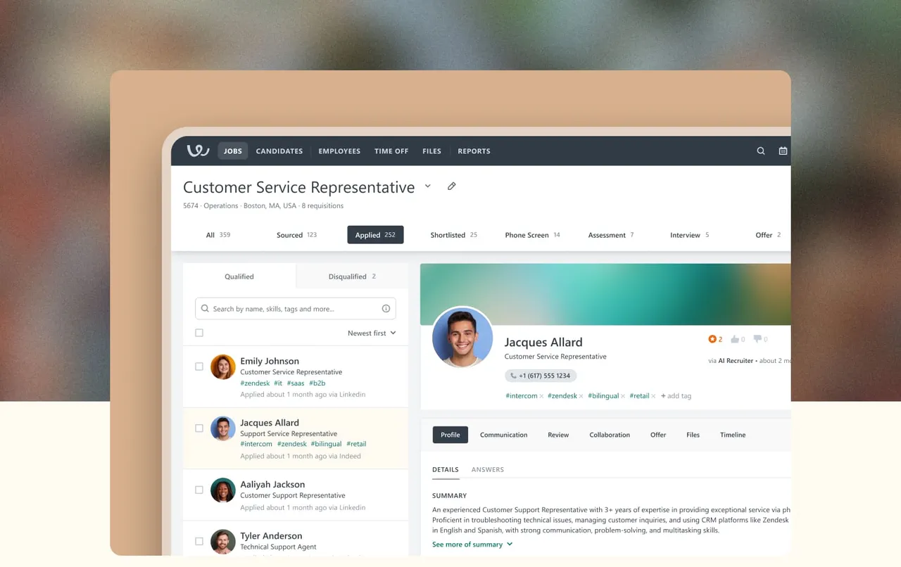 Candidate pipeline and profile view in the applicant tracking system