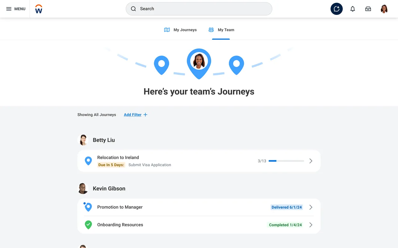 Manager view of team members' Workday Journeys, including relocation and promotion progress