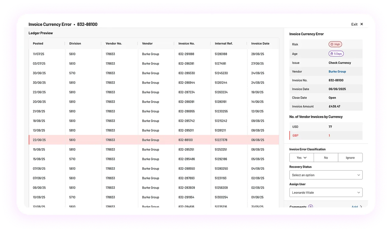 Transactions module: Invoice Currency Error detail and ledger preview panel