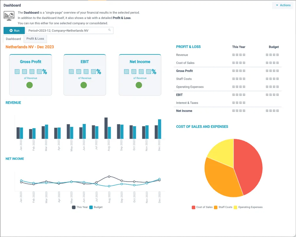 Single-page financial dashboard with gross profit, EBIT, and net income tiles