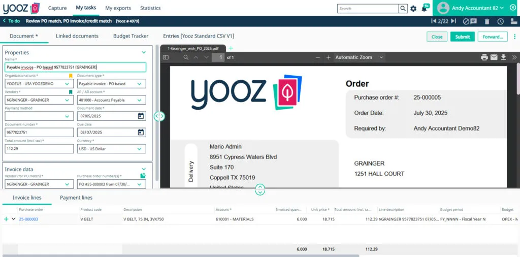 Yooz procure-to-pay automation workflow view