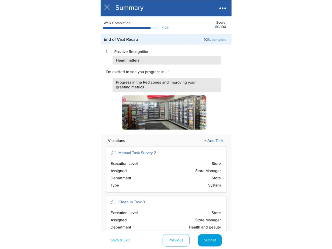 Workcloud Walk end-of-visit recap with completion score and violations