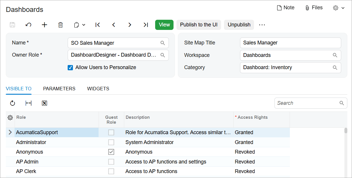 Acumatica dashboard configuration