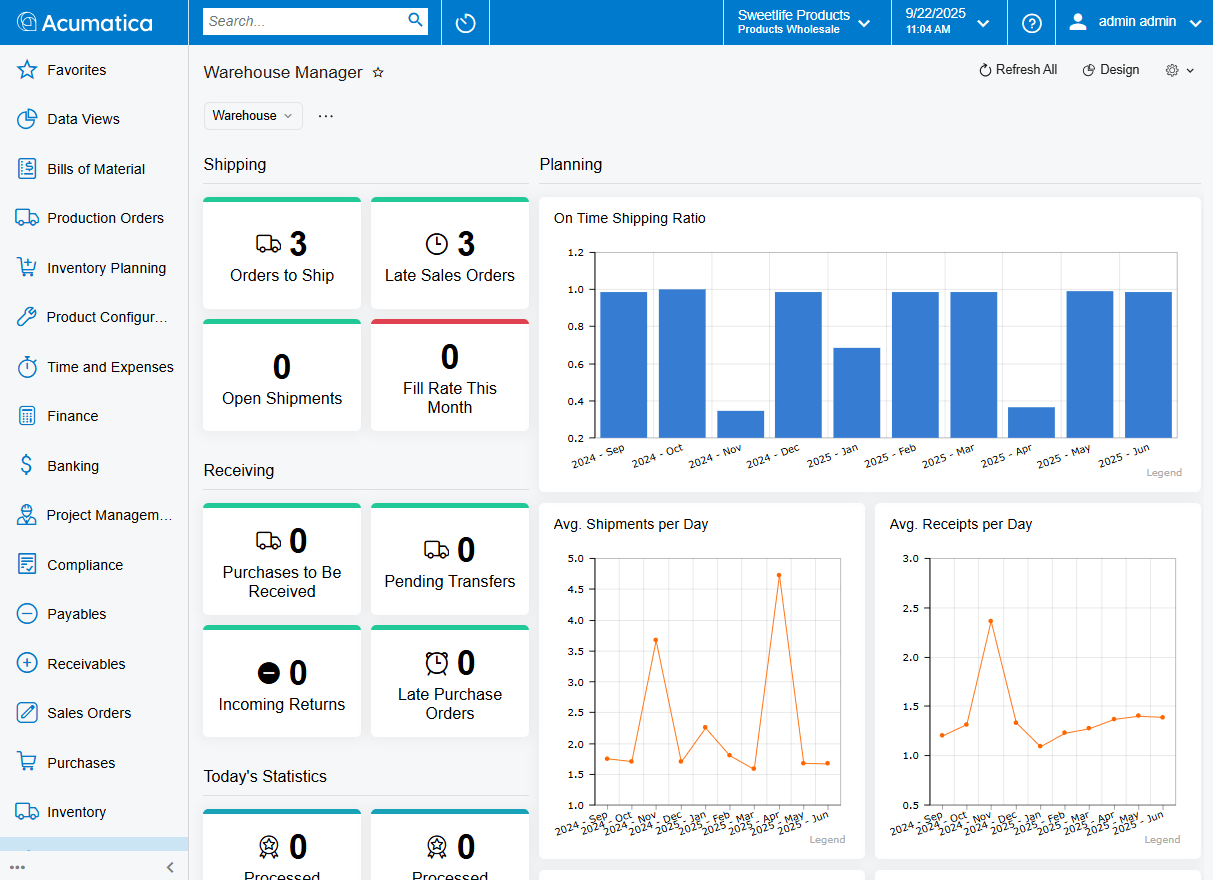 Acumatica WMS dashboard