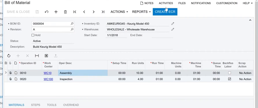 Acumatica Bill of Material screen listing operations and required materials