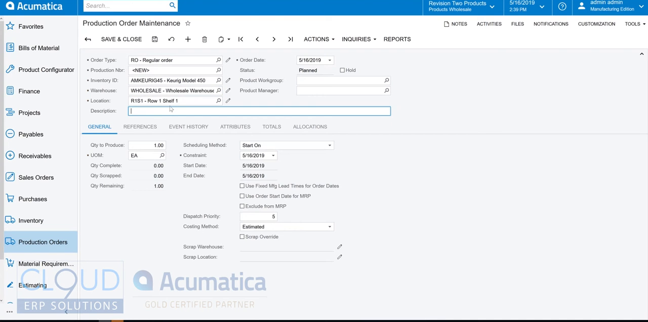 Acumatica Production Order Maintenance screen showing scheduling and quantity fields
