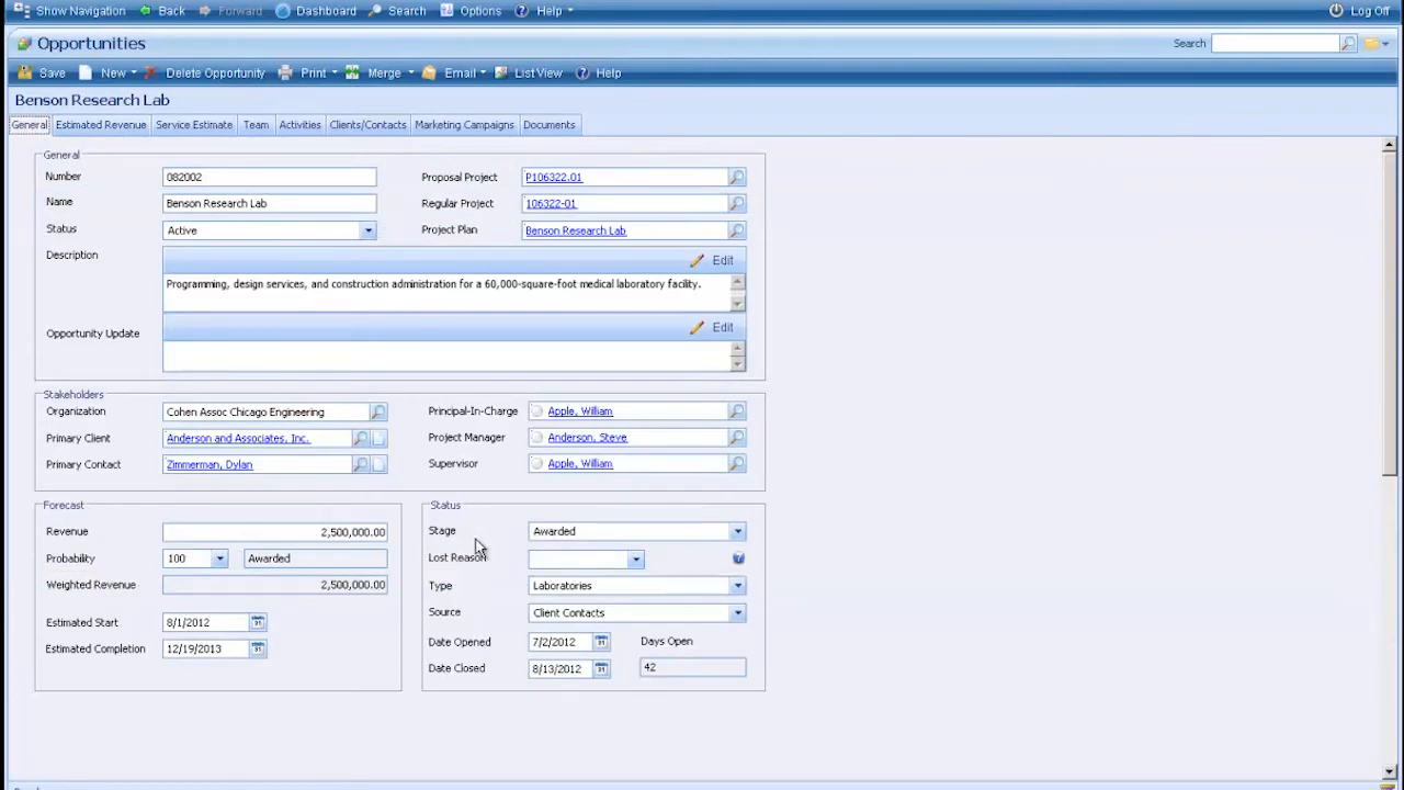 Deltek Vision CRM opportunity record showing stage, revenue forecast, and stakeholders