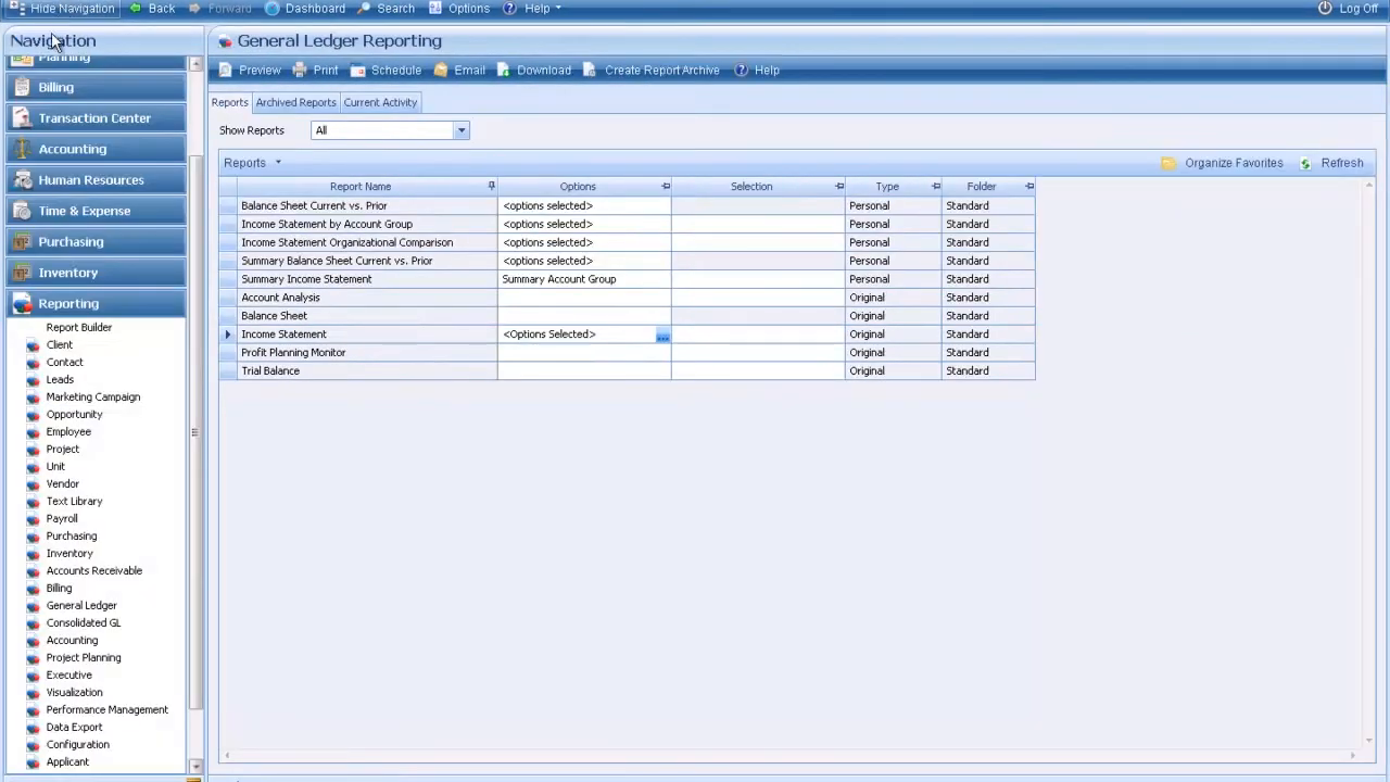 Deltek Vision General Ledger Reporting screen with navigation menu and report list