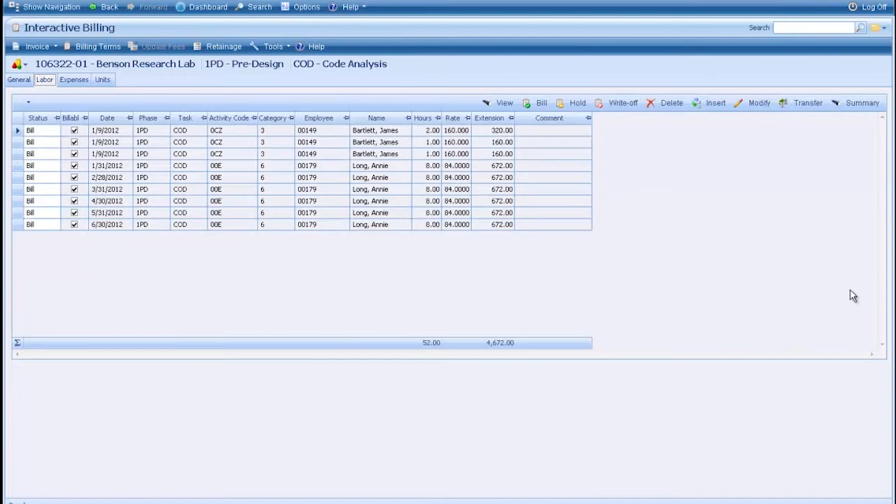 Deltek Vision Interactive Billing screen listing labor transactions ready to invoice