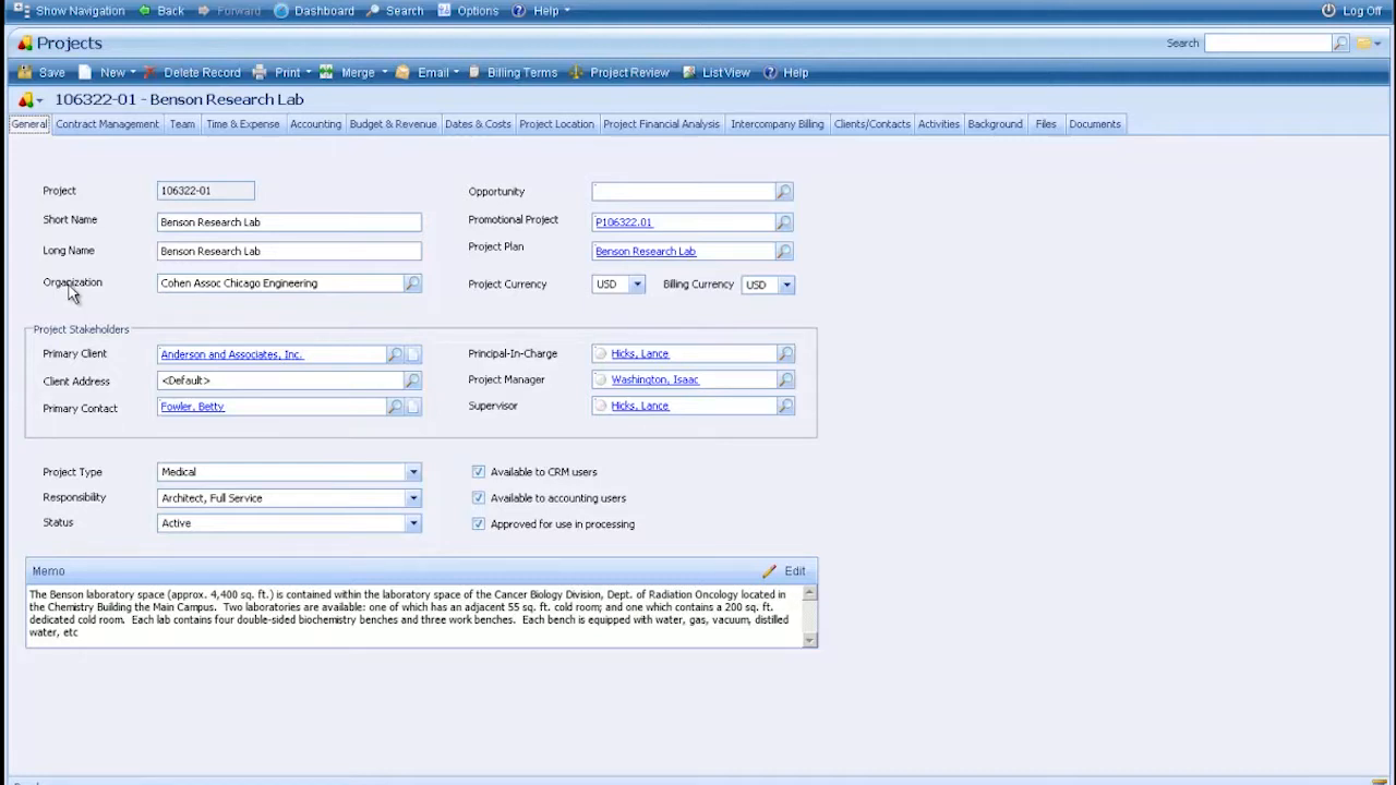 Deltek Vision Project Info Center showing project setup fields and stakeholders