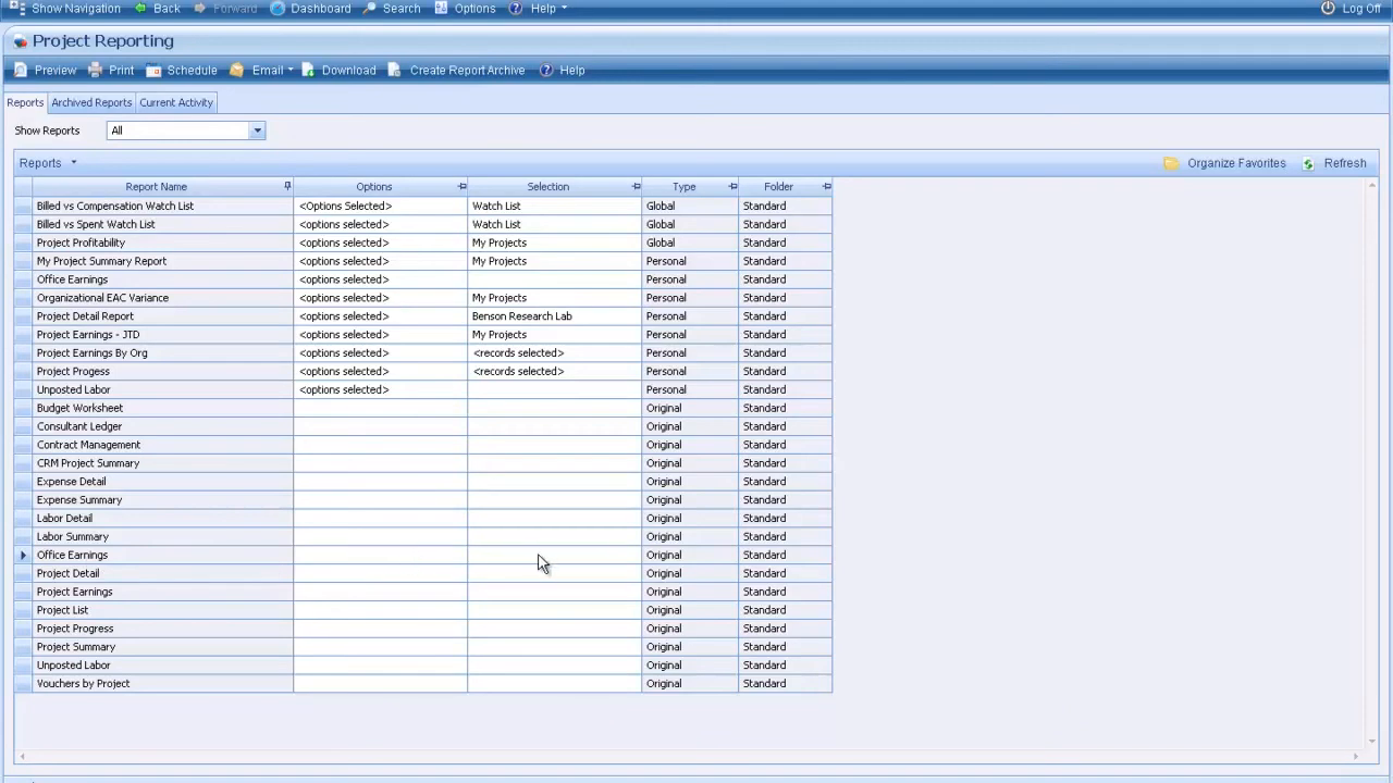 Deltek Vision Project Reporting screen listing available project analysis reports