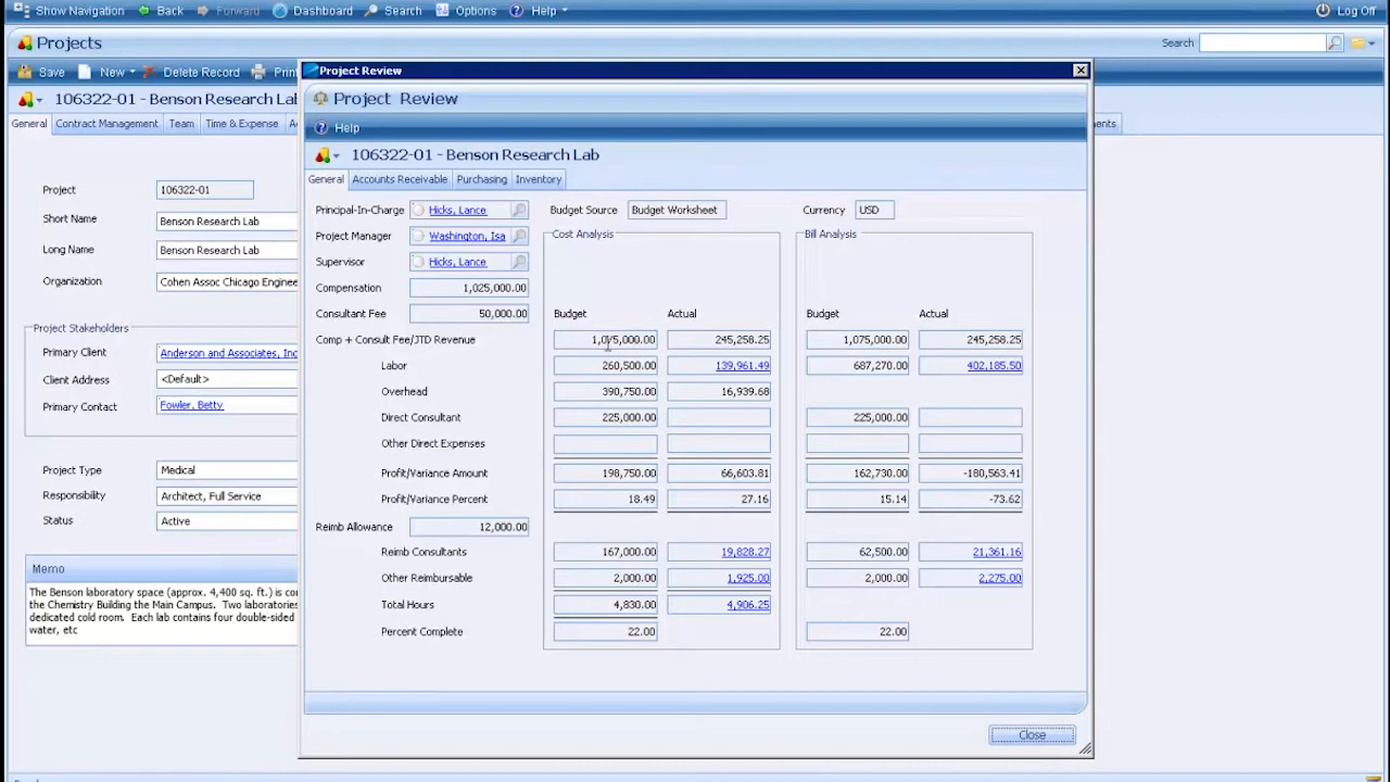 Deltek Vision Project Review window comparing budget versus actual costs and billing