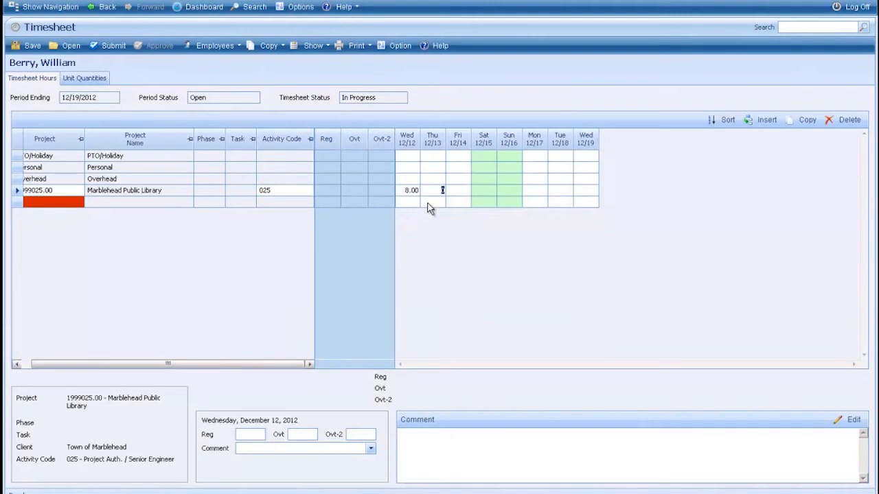 Deltek Vision employee timesheet entry screen with project hours and status