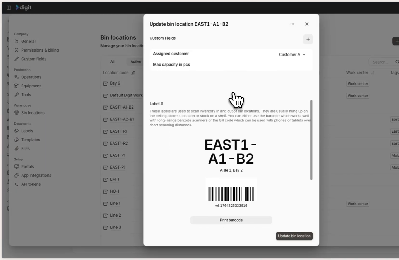 Digit ERP bin location setup dialog with barcode label, aisle and bay assignment for warehouse storage