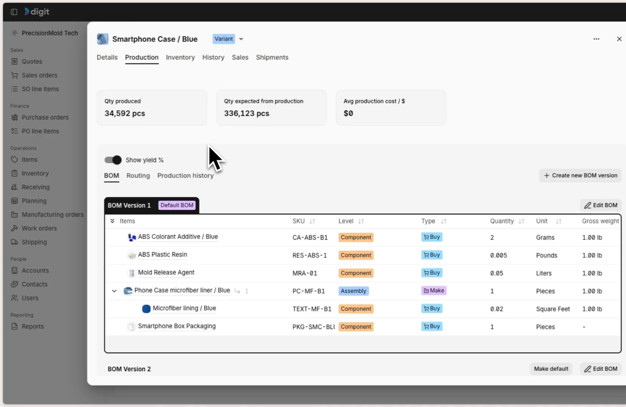 Digit ERP bill of materials view showing component items, quantities, and BOM versions for a product