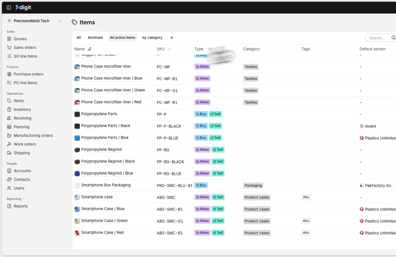 Digit ERP items catalog listing product SKUs, types, categories, and default vendors
