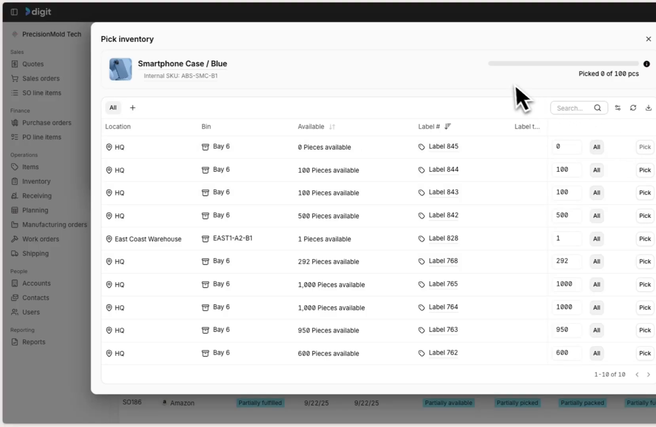 Digit ERP pick inventory screen showing warehouse bin locations, labels, and available quantities to pick