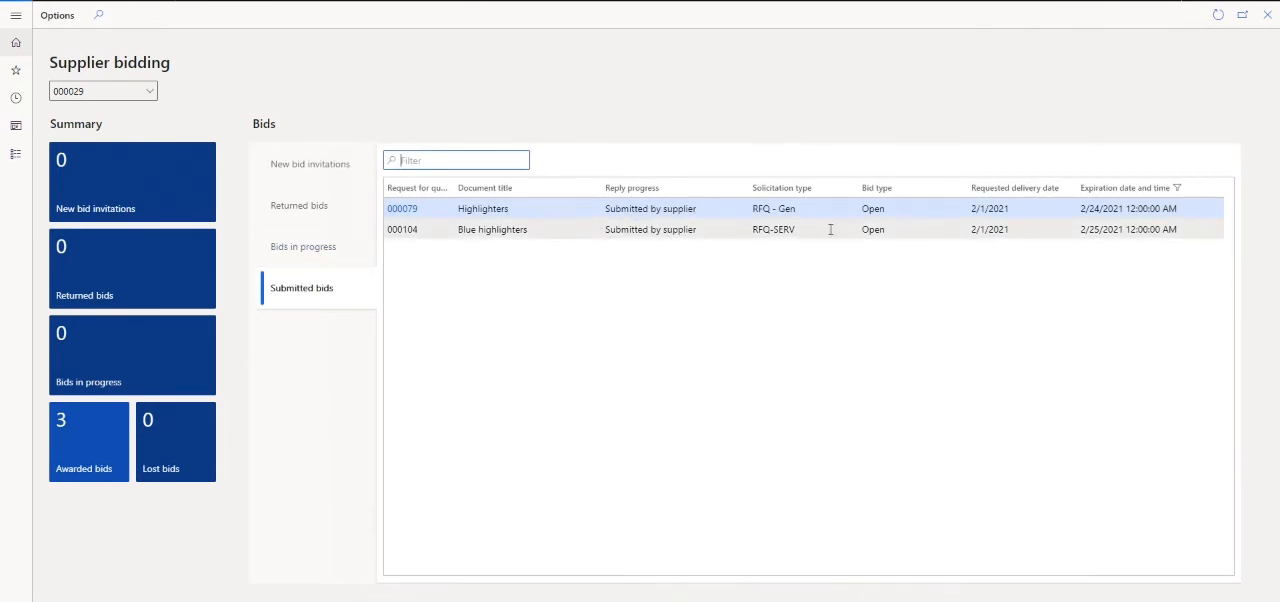 Microsoft Dynamics 365 Finance & Supply Chain Management supplier bidding workspace with RFQ list