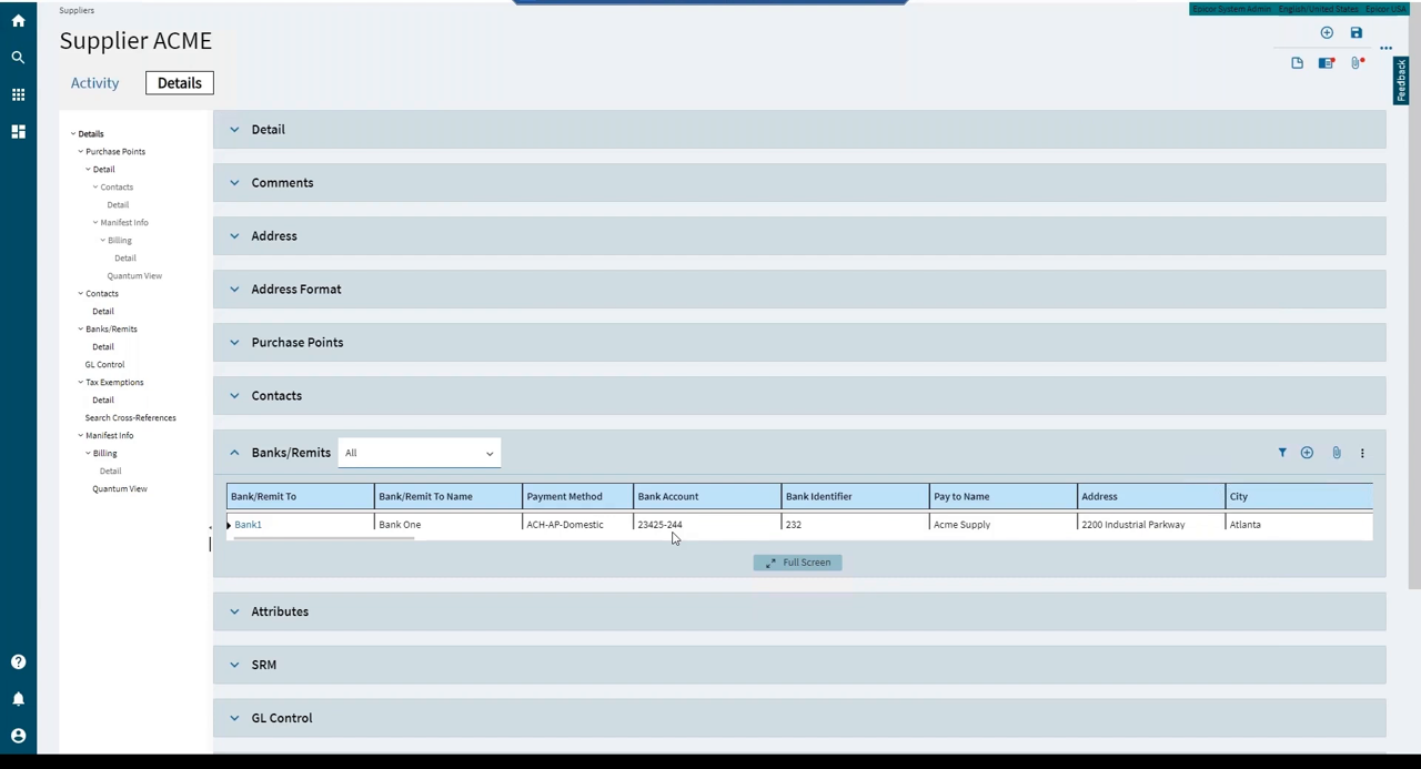 Epicor Kinetic supplier maintenance screen showing bank and remit-to details for a vendor