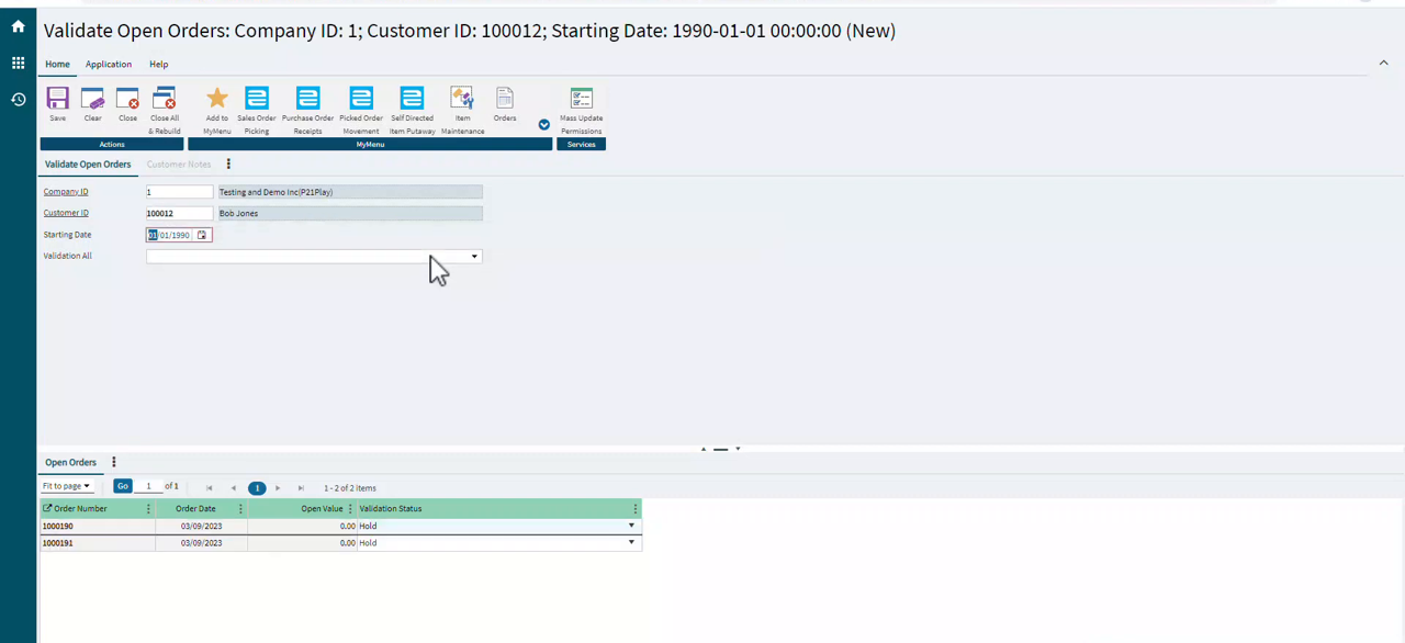 Epicor Prophet 21 AR Accounting Validate Open Orders screen showing orders on credit hold