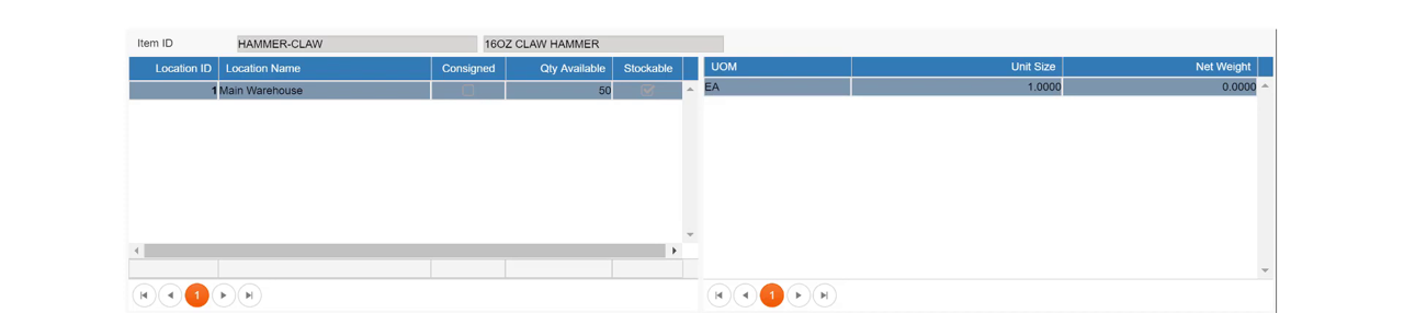 Epicor Prophet 21 Item Master Inquiry showing warehouse location stock and unit of measure detail