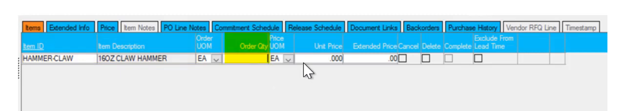 Epicor Prophet 21 Purchase Order Items tab showing a hammer item with quantity and pricing