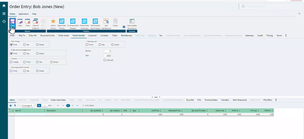Epicor Prophet 21 Order Entry Front Counter tab with pick ticket and invoice print options