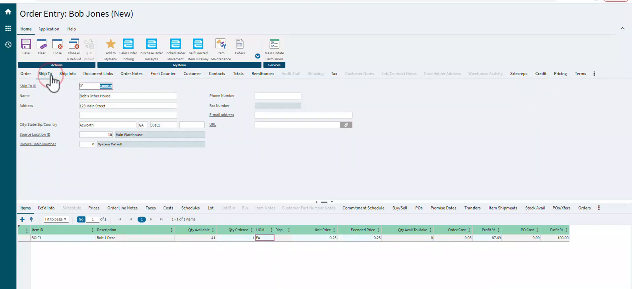 Epicor Prophet 21 Order Entry Ship To tab displaying a customer shipping address record