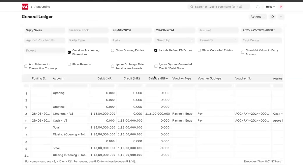 ERPNext General Ledger report listing debit and credit entries by account