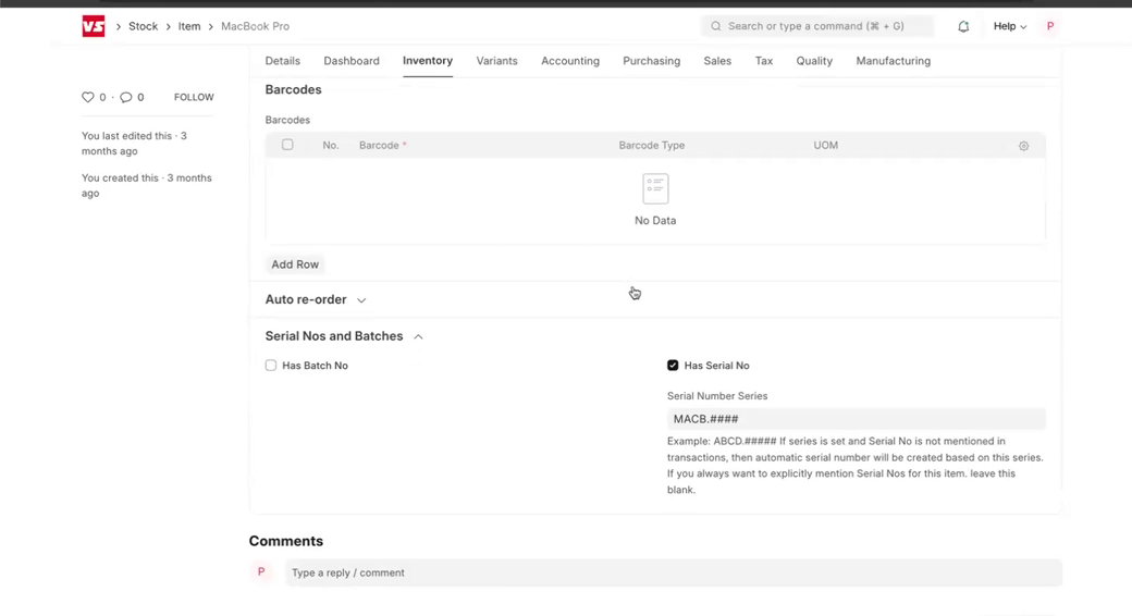 ERPNext item master Inventory tab configuring serial number tracking for a product
