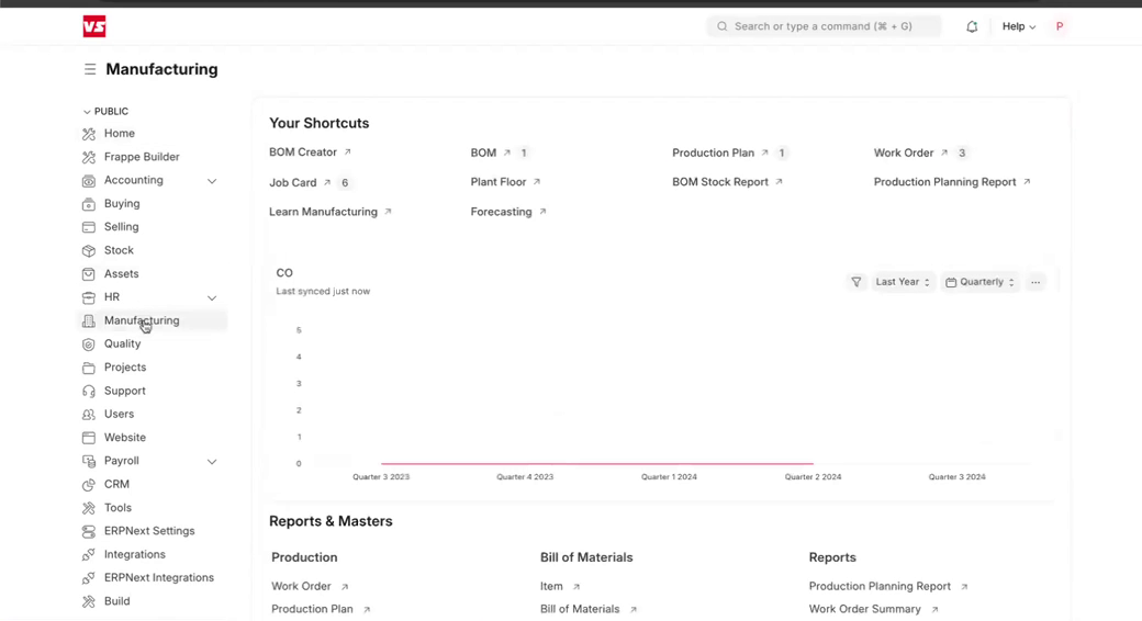 ERPNext Manufacturing module workspace with BOM, work order, and production plan shortcuts