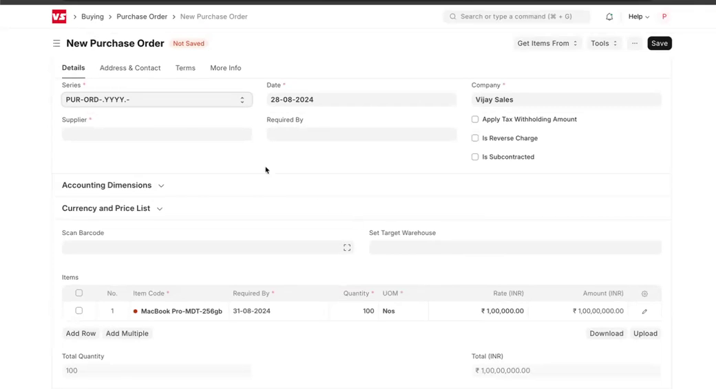 ERPNext New Purchase Order form showing supplier and item line entry