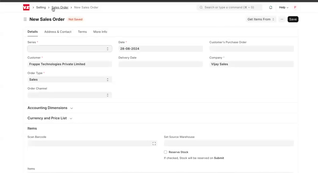 ERPNext New Sales Order entry form with customer and item details