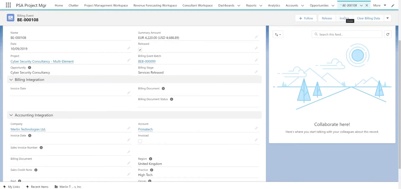 Certinia FinancialForce PSA billing event record with accounting and invoicing integration fields