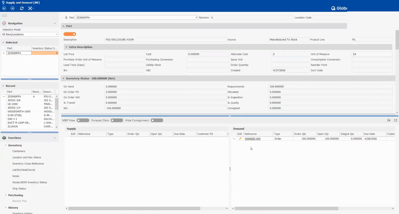 Global Shop Solutions part-level Supply and Demand screen showing inventory status, on-hand and requirements