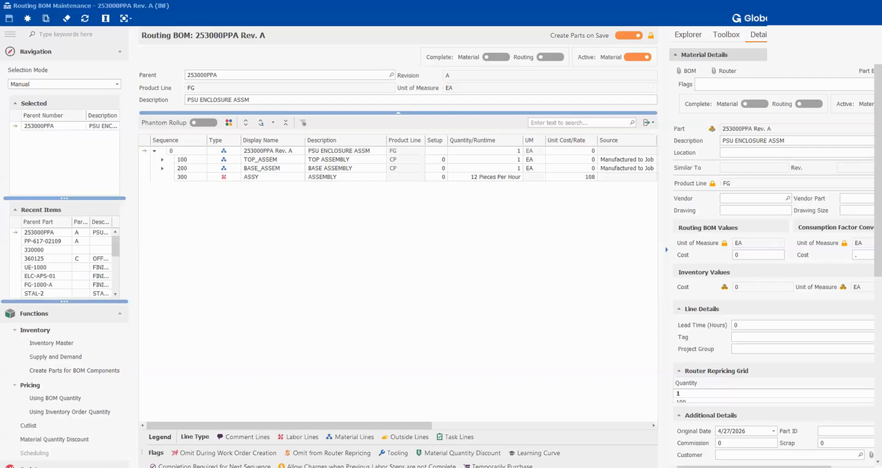 Global Shop Solutions Routing BOM Maintenance screen showing multi-level bill of materials and routing steps