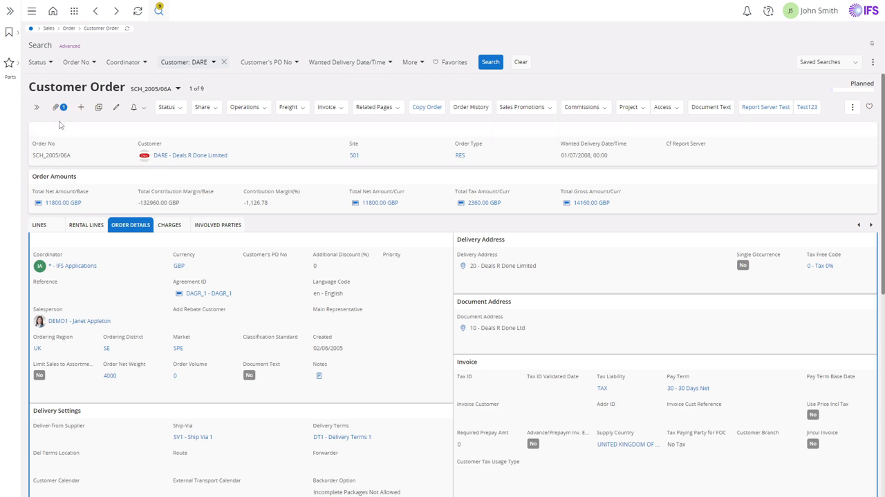 IFS Cloud Customer Order screen showing order amounts, delivery address, and invoice details