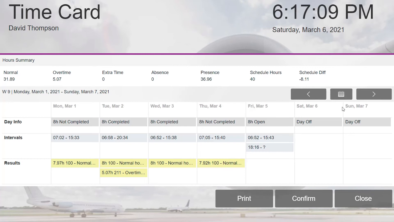 IFS Cloud employee Time Card screen showing a weekly hours summary and daily intervals