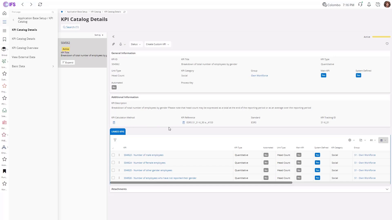 IFS Cloud KPI catalog details showing linked sustainability workforce metrics