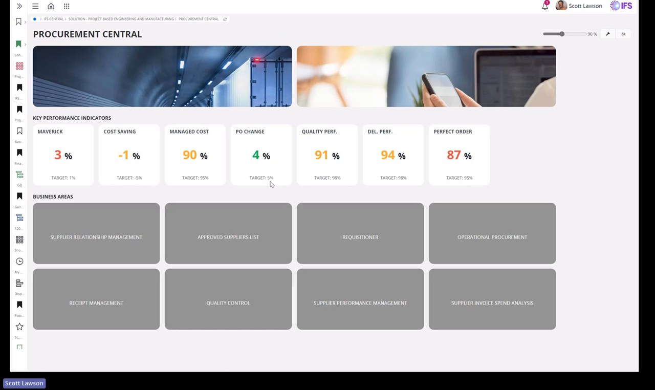 IFS Cloud Procurement Central lobby page showing KPI tiles and business area navigation cards