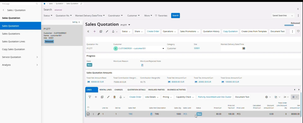 IFS Cloud sales quotation detail with won status, amounts, and line items