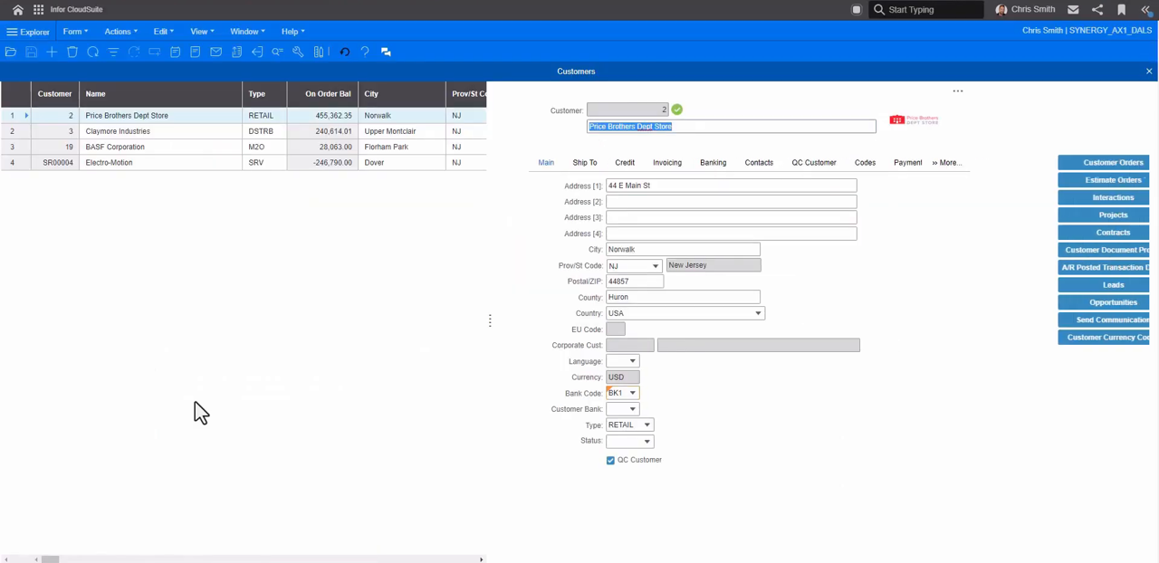 Infor CloudSuite Industrial (SyteLine) Customers master record showing address and account details
