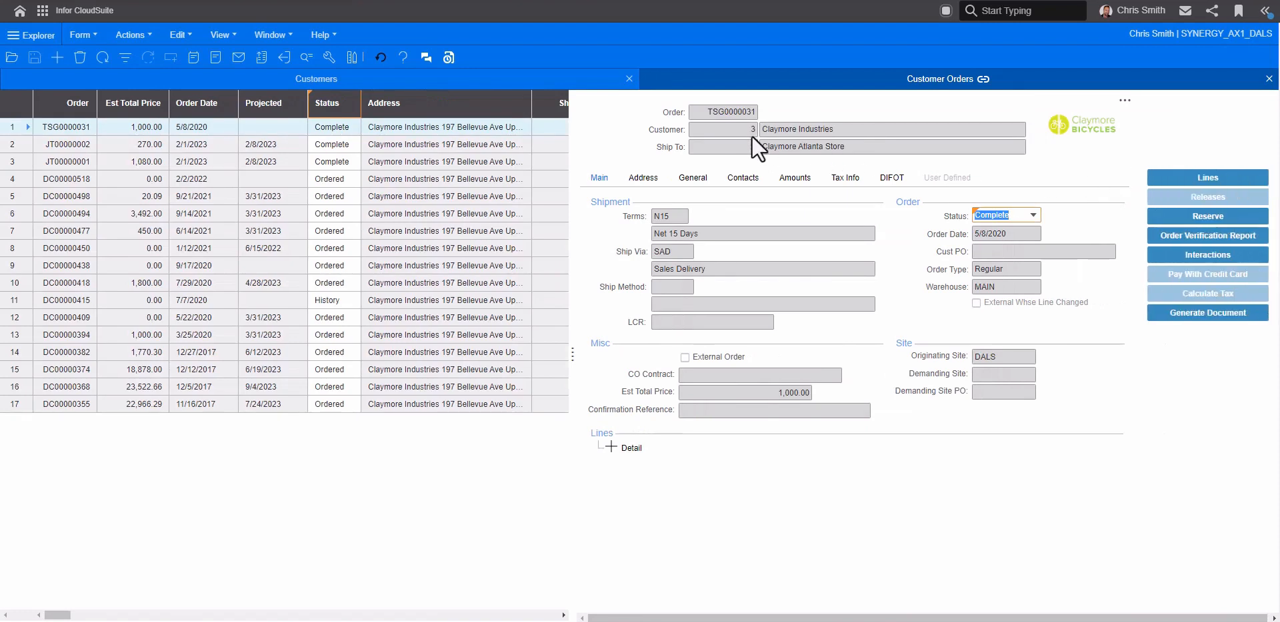 Infor CloudSuite Industrial (SyteLine) Customer Orders entry screen with shipment and order details