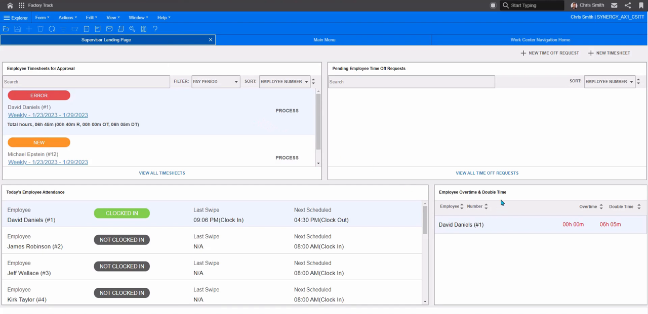 Infor CloudSuite Industrial (SyteLine) Factory Track supervisor page with employee timesheets and attendance