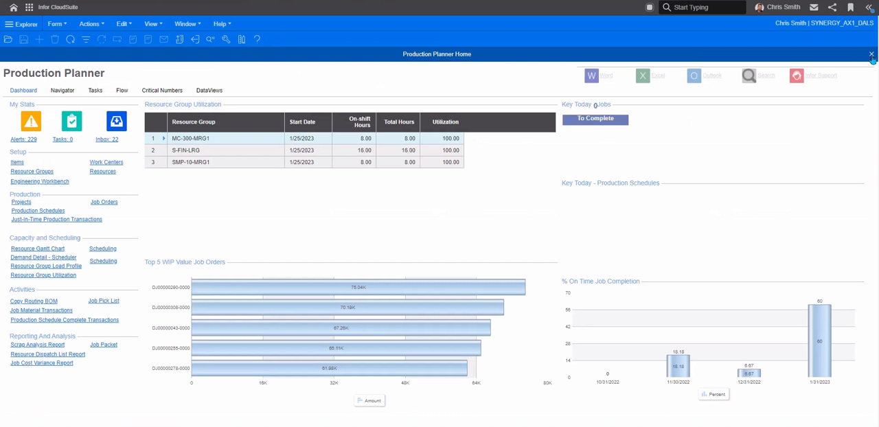 Infor CloudSuite Industrial (SyteLine) Production Planner home dashboard with job order and utilization charts