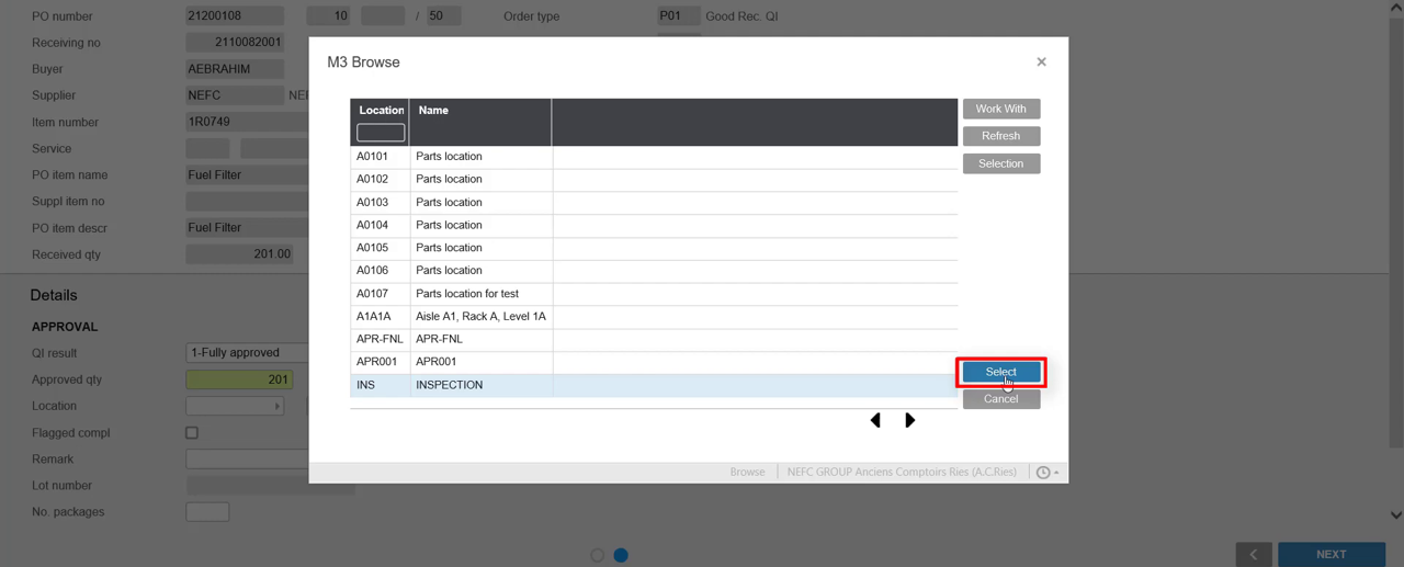 Infor M3 Inspect Goods screen with an M3 Browse popup for selecting a storage location