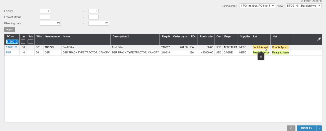 Infor M3 purchase order display lines grid with color-coded confirmed and ready-to-issue statuses