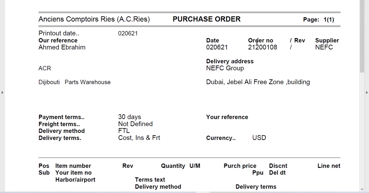 Infor M3 printed purchase order document showing supplier, delivery and pricing details