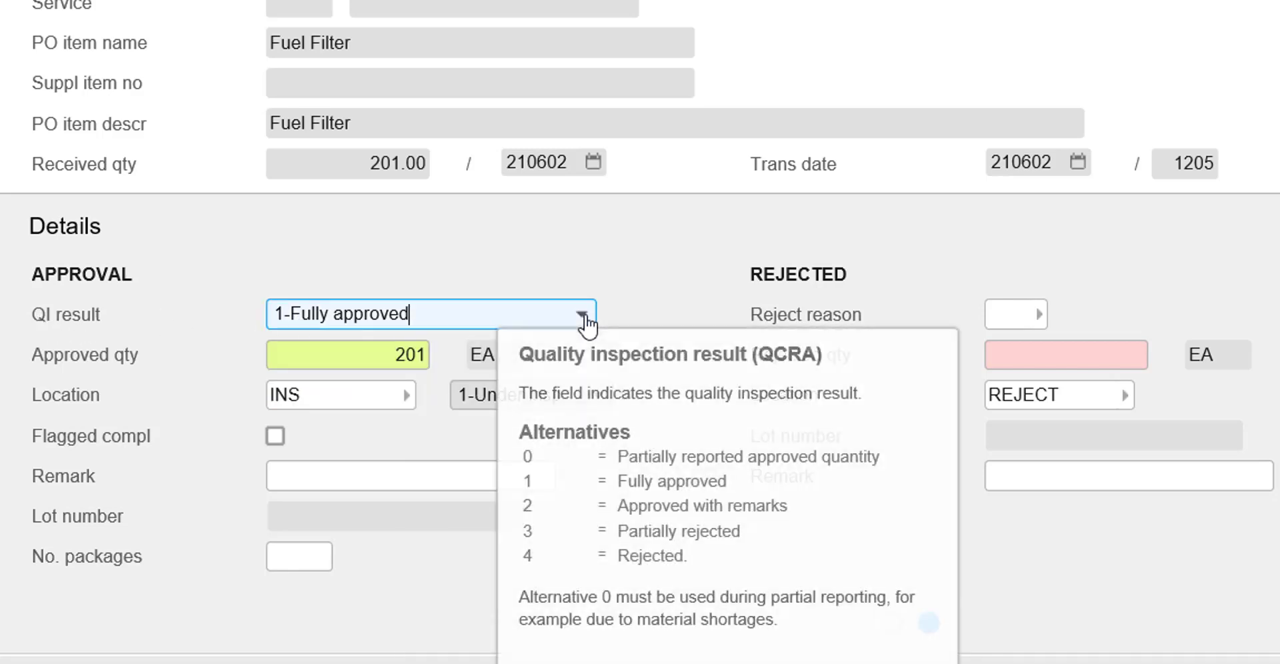 Infor M3 quality inspection approval screen with contextual help explaining QI result codes