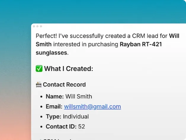 Knowlix AI Teammate confirming it created a CRM lead, contact record and follow-up from a plain-language instruction